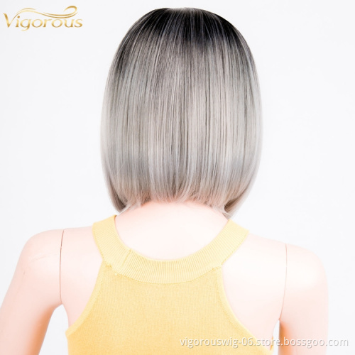 High quality wholesale premium vendor ombre silver short straight wavy hair synthetic heat resistant wig lace front black women